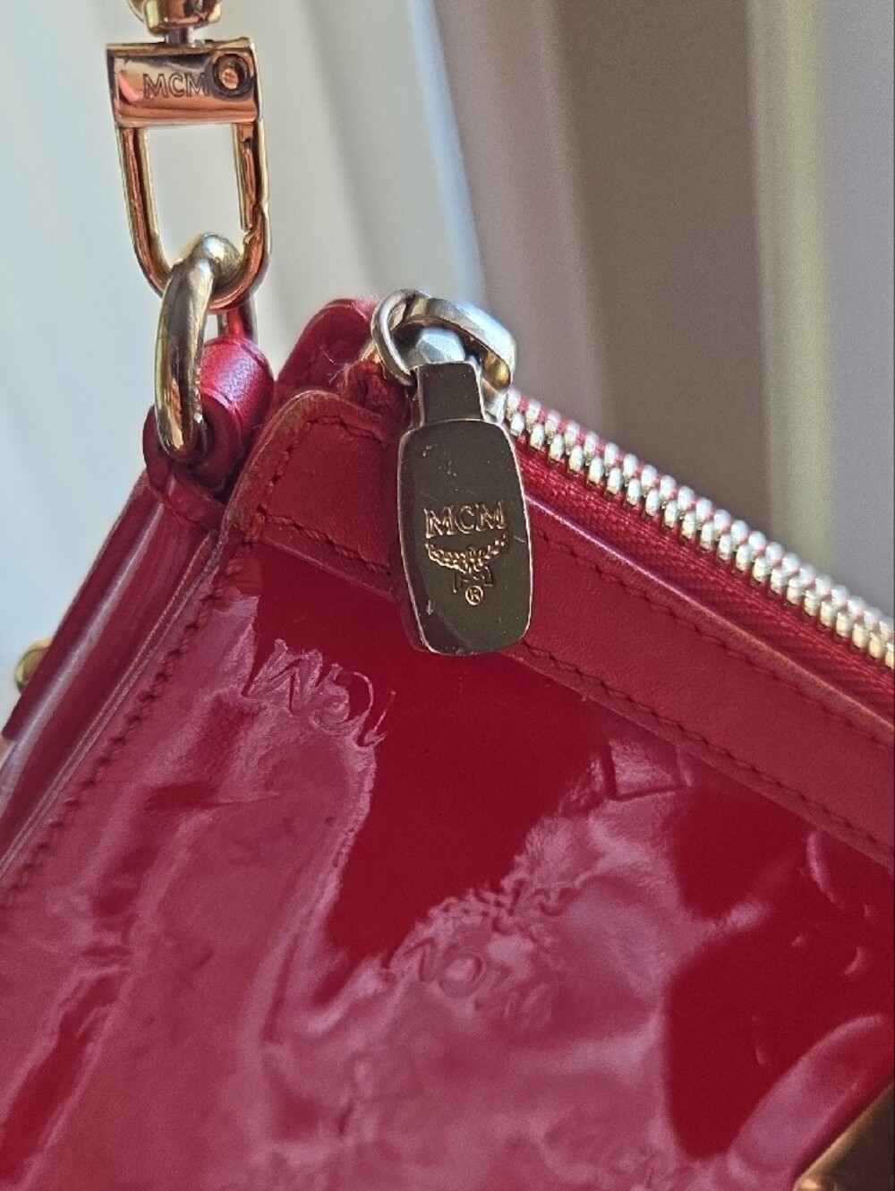 MCM Patent Shoulder Bag in Deep Red with Gold Chain - Picture 5 of 14